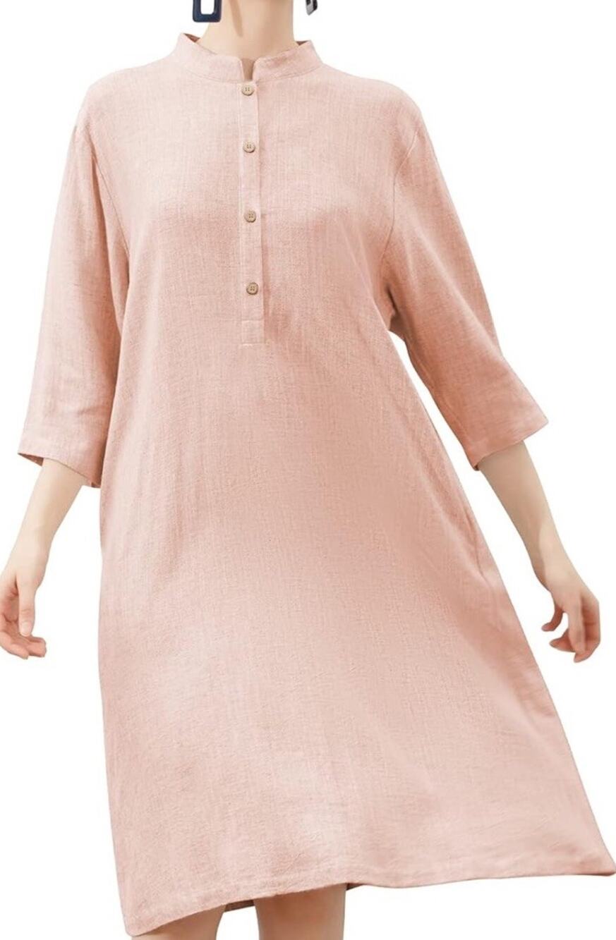 Meomua Peach Nude Linen Lagenlook Breathable Mock Neck Comfort Boho Midi Sz L